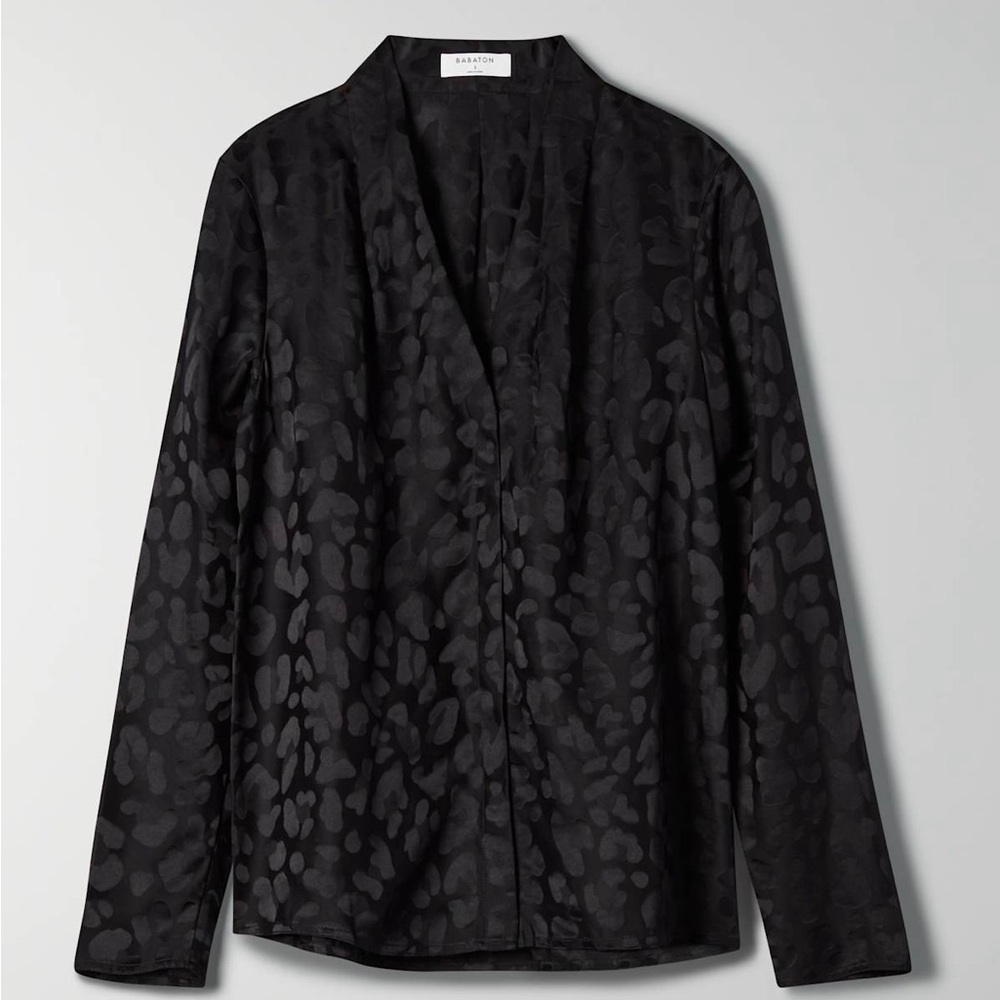 Babaton Black Satin Leopard-Jacquard V-Neck Blouse